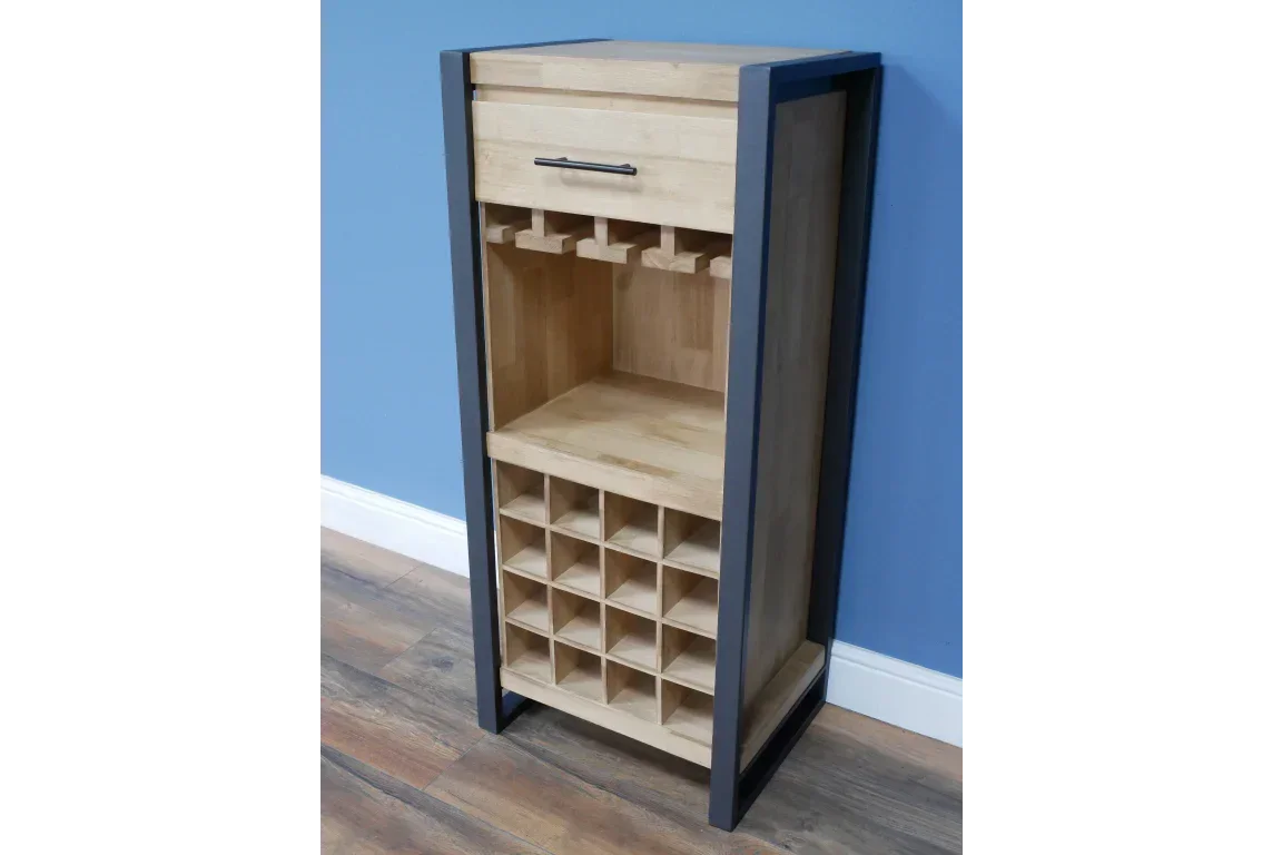 Wood wine rack cabinet with metal frame, glass holders, and storage drawer