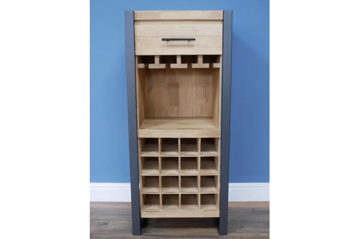 Oak wine rack cabinet with drawer and glass holders, modern metal frame, front view