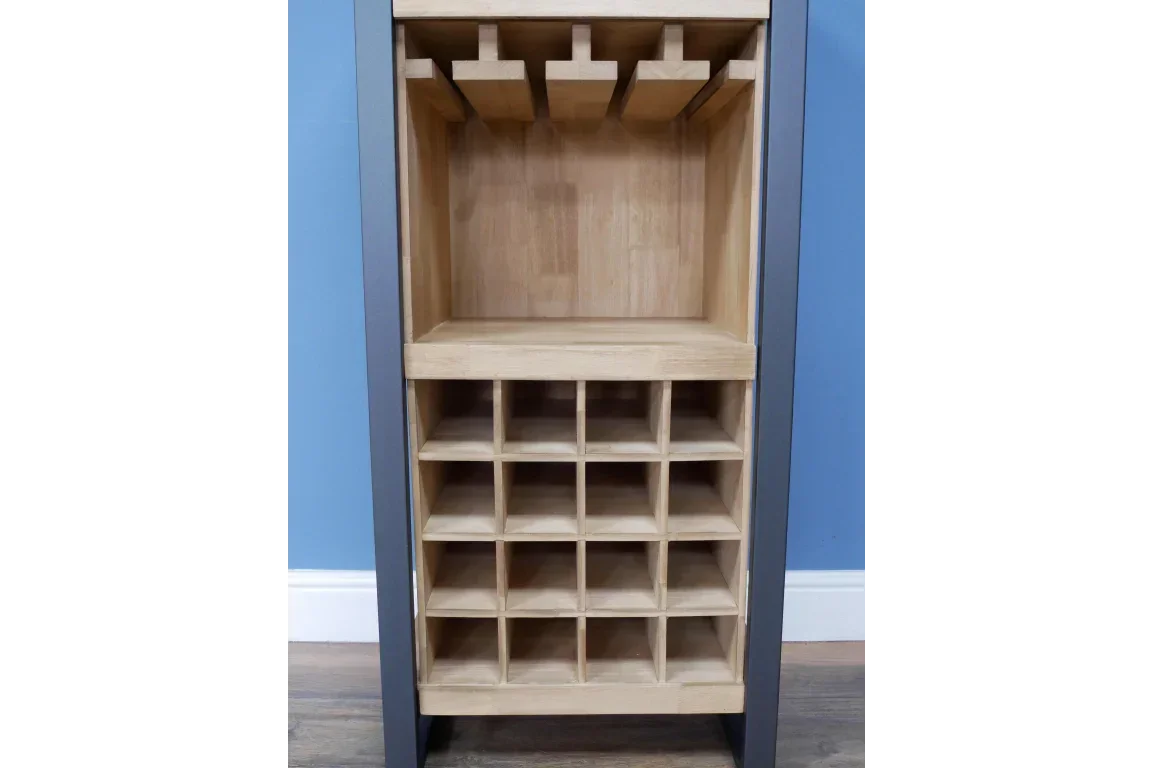 Wooden wine rack cabinet with glass holder and multiple bottle compartments