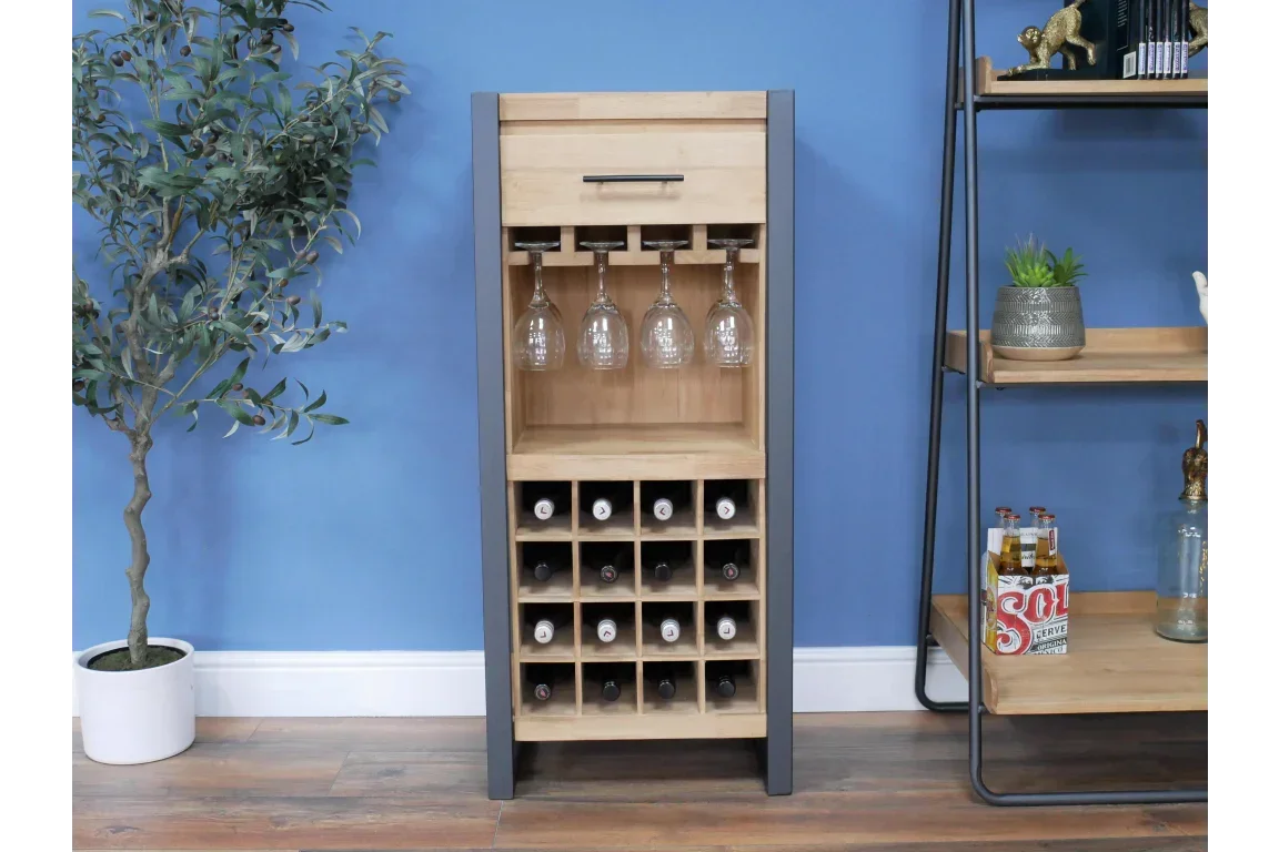 Modern wooden wine cabinet with metal frame, glass holder and wine storage compartments