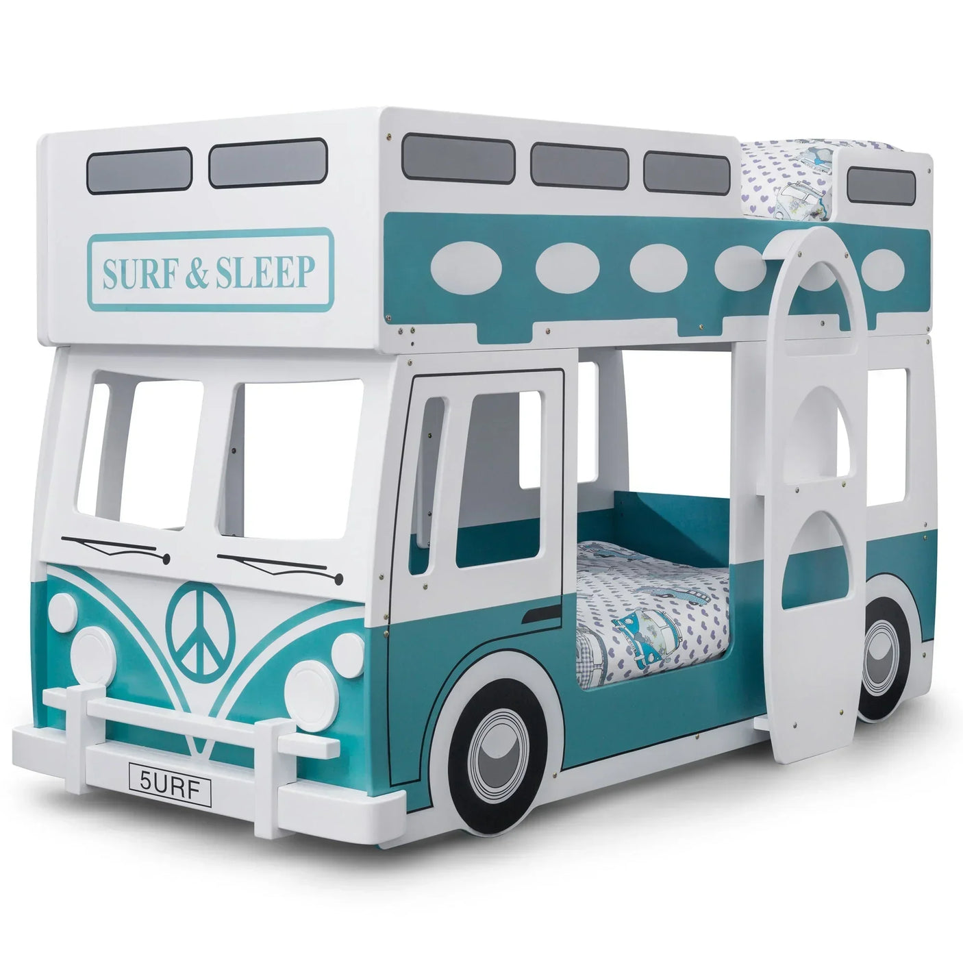 Blue and white campervan bunk bed with ladder and surf themed bedding