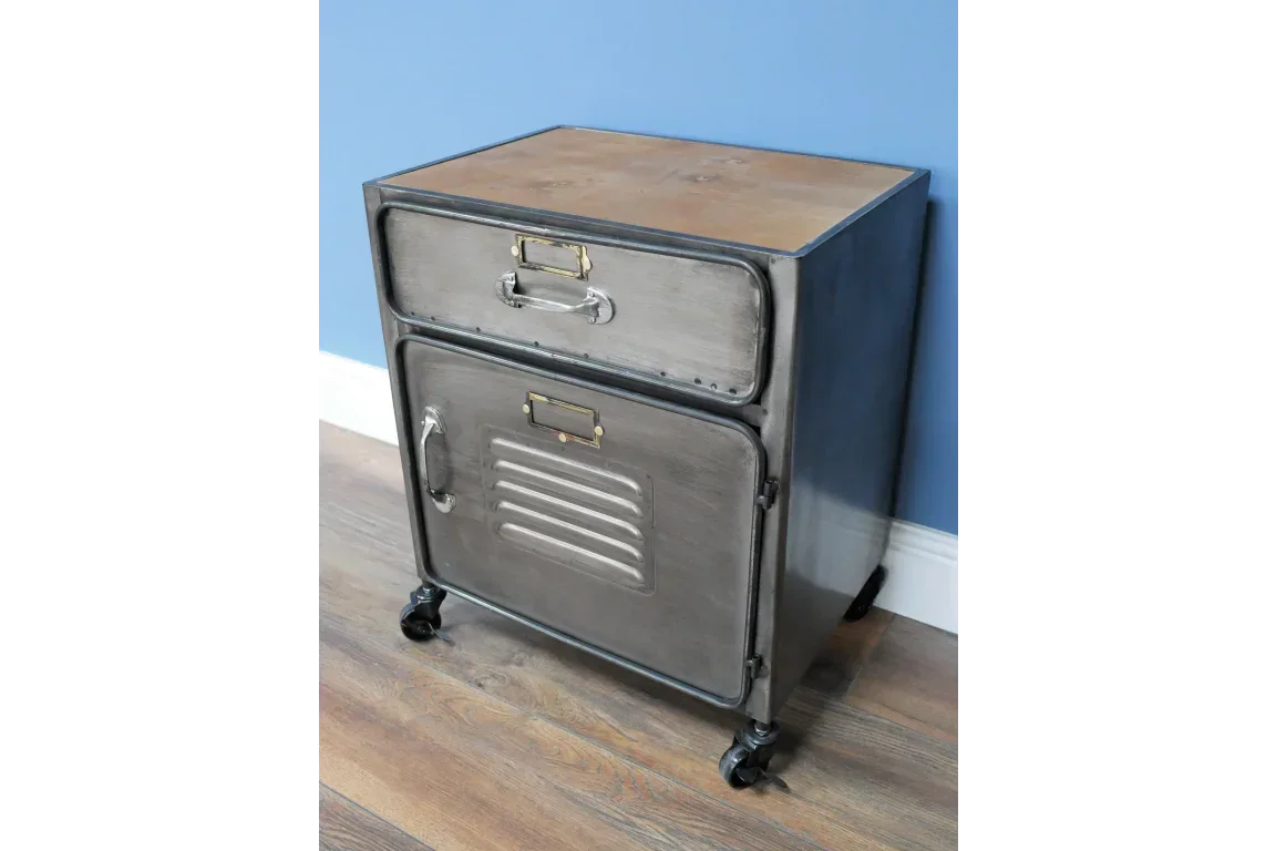 Industrial metal storage cabinet with drawer and cupboard on castor wheels