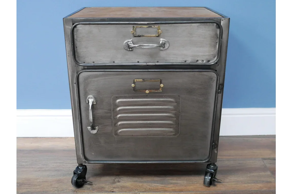 Industrial metal bedside cabinet with drawer and door on caster wheels
