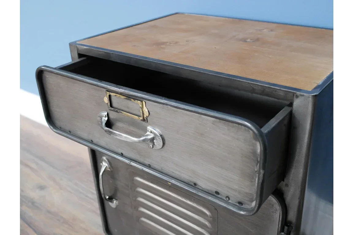 Industrial metal bedside cabinet with open drawer and wooden top