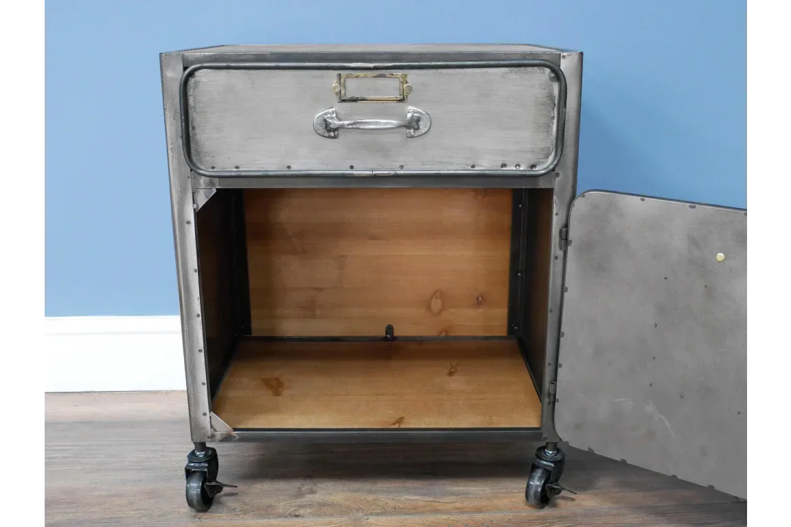 Industrial metal bedside cabinet with open lower storage, drawer and castor wheels