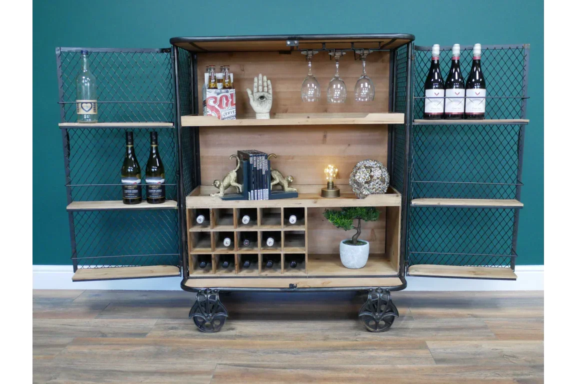 Industrial style bar cabinet with mesh doors, wood shelves, wine rack and bottle storage