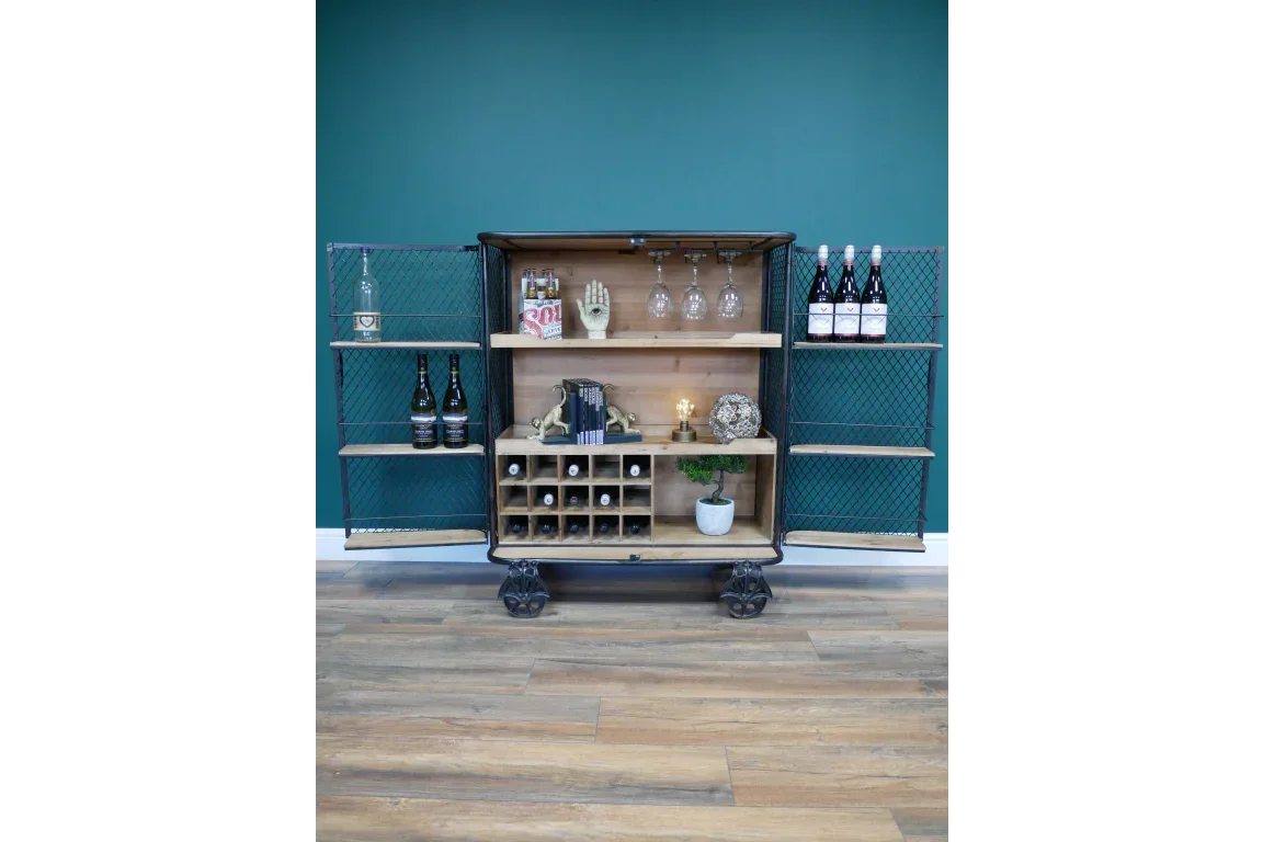 Industrial wooden bar cabinet with metal mesh doors, wine storage, and glass holders