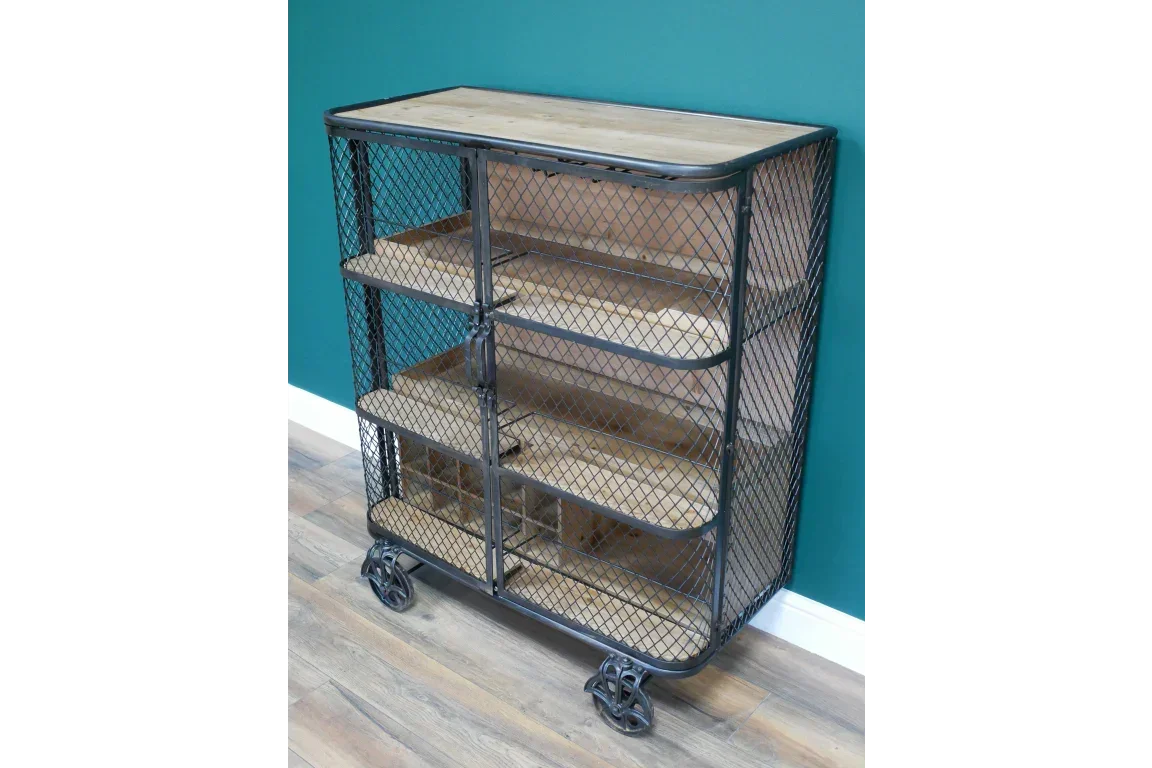 Industrial storage cabinet with black metal mesh doors, wood shelves, and locking castor wheels