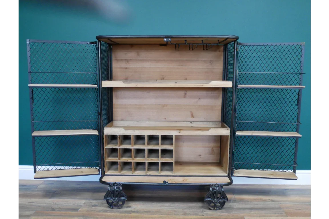 Industrial bar cabinet with open mesh doors, shelves, wine rack and metal wheels