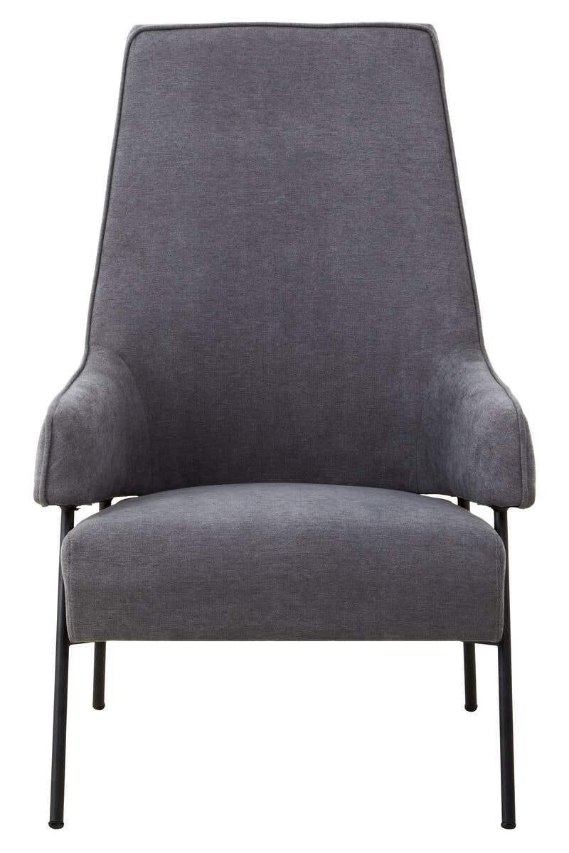 Grey fabric accent chair with slim black metal legs, front view