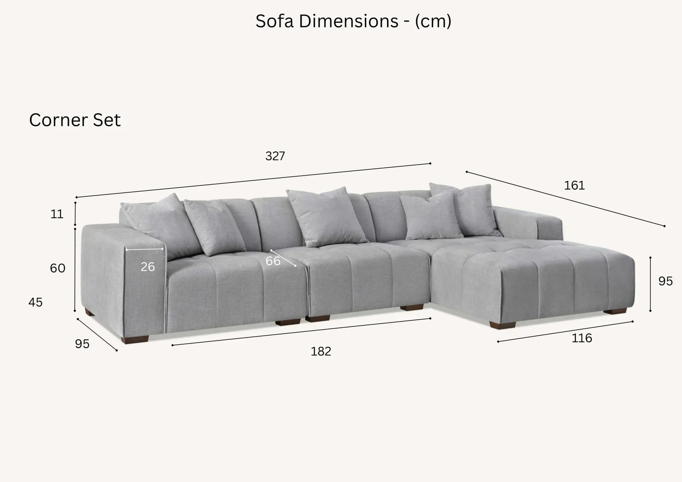 Light grey fabric corner sofa set with cushions, shown with detailed dimensions in centimeters