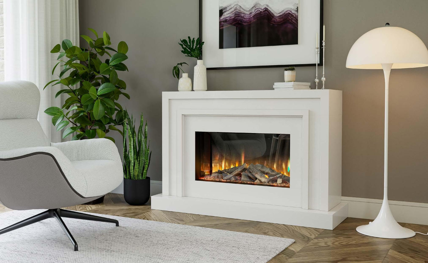 Modern electric fireplace suite in white with realistic flame in contemporary living room setting