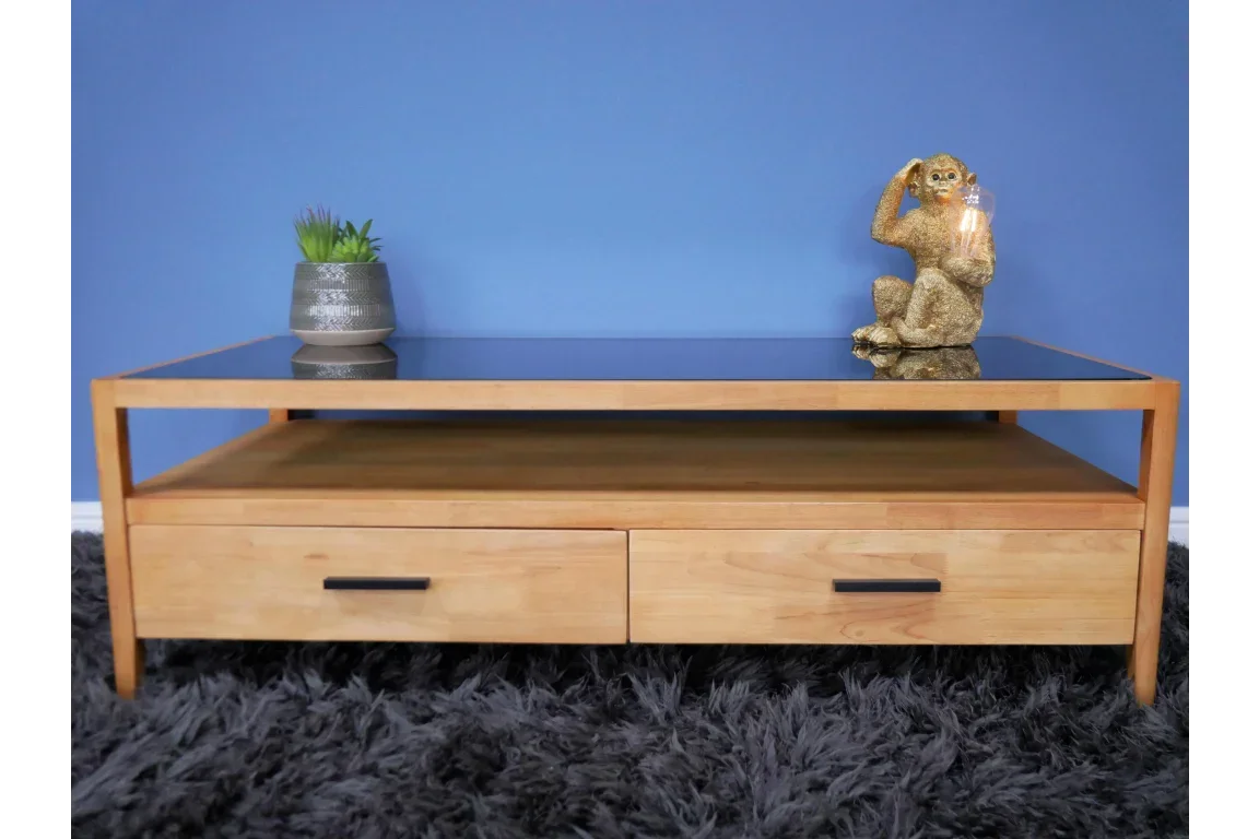 Glass top wooden coffee table with two drawers, plant and ornament on grey rug