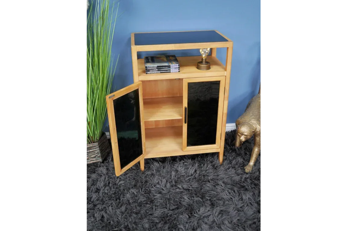Oak sideboard with black glass cabinet doors, open shelving, on plush grey rug