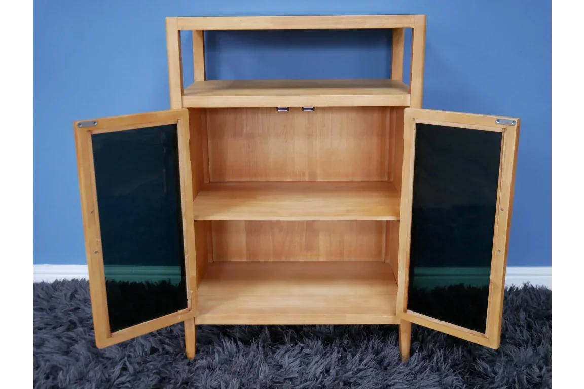 Oak wooden sideboard cabinet with glass doors, open shelving and mid-century style legs