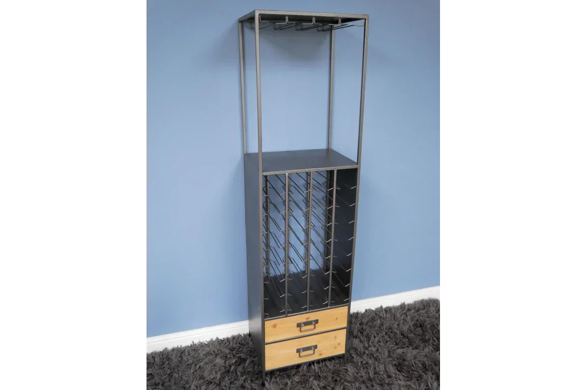 Tall metal and wood wine rack with bottle slots and two lower storage drawers