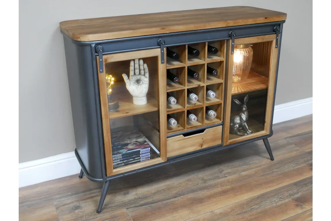 Industrial wood and metal wine cabinet with glass doors and 12 bottle storage rack