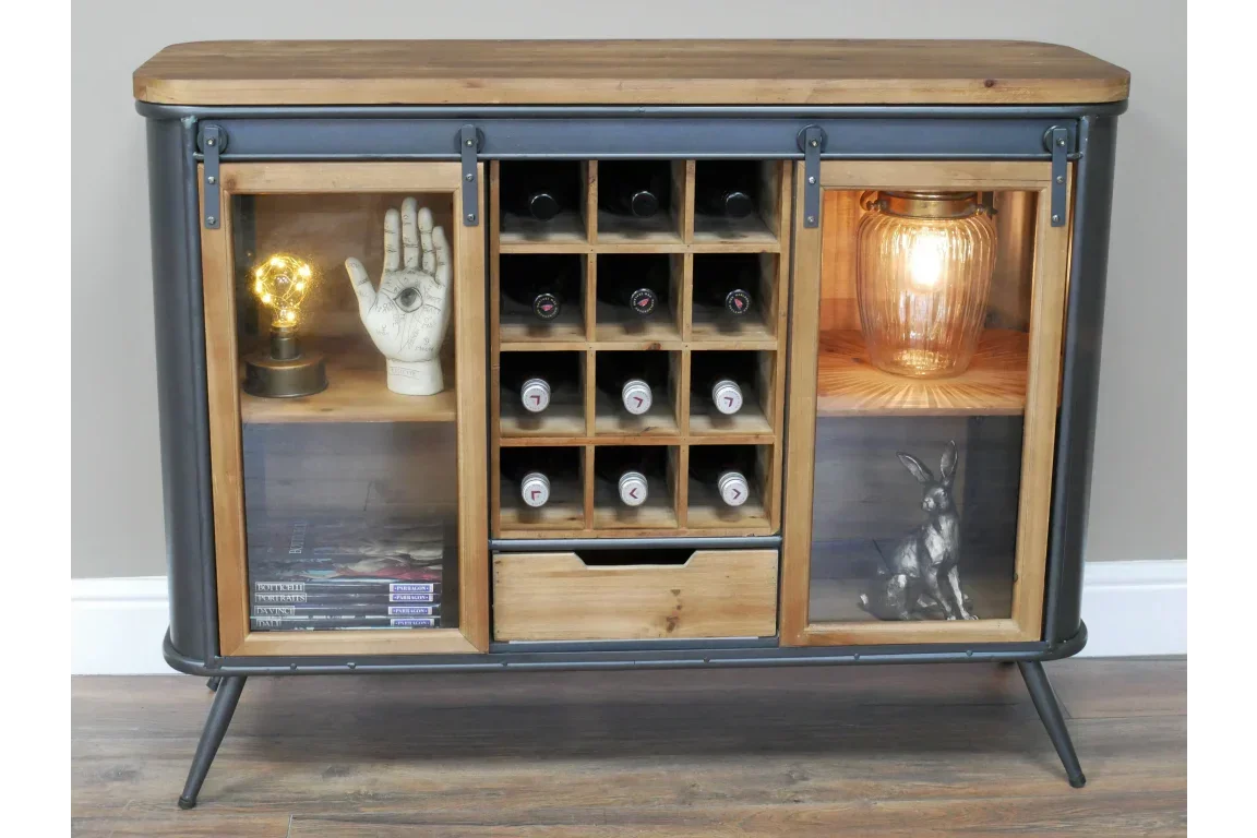 Industrial wood and metal sideboard with wine rack, glass doors, and display shelves