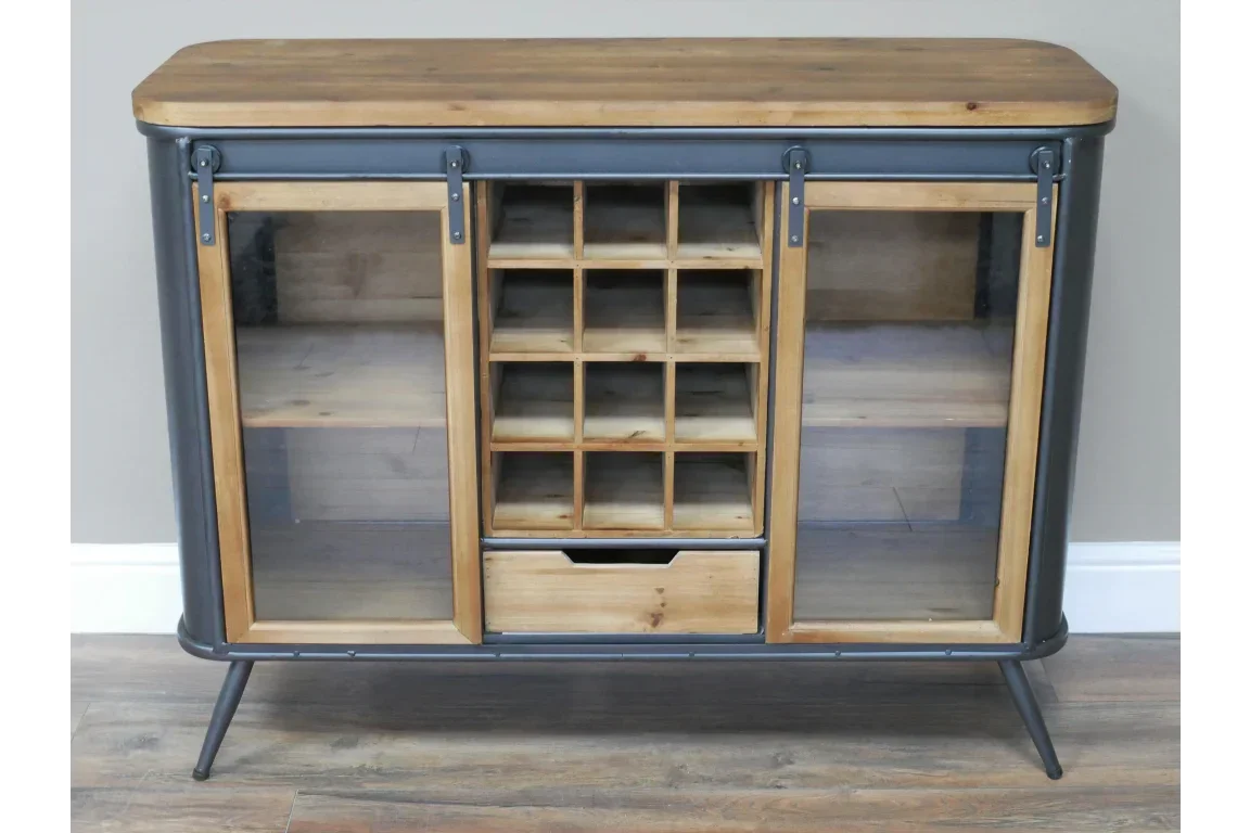 Industrial wood and metal sideboard with glass doors, central wine rack, and storage drawer