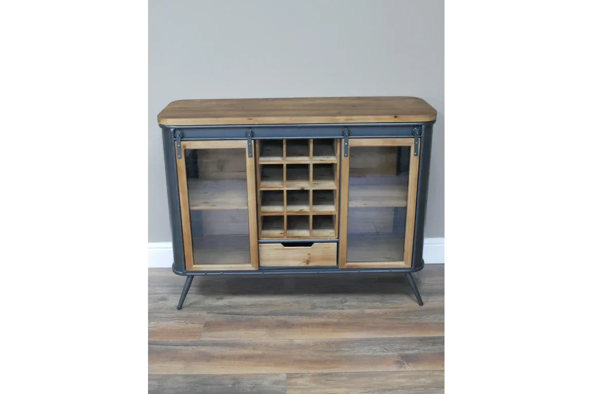 Industrial wood and metal sideboard with wine rack and sliding glass doors