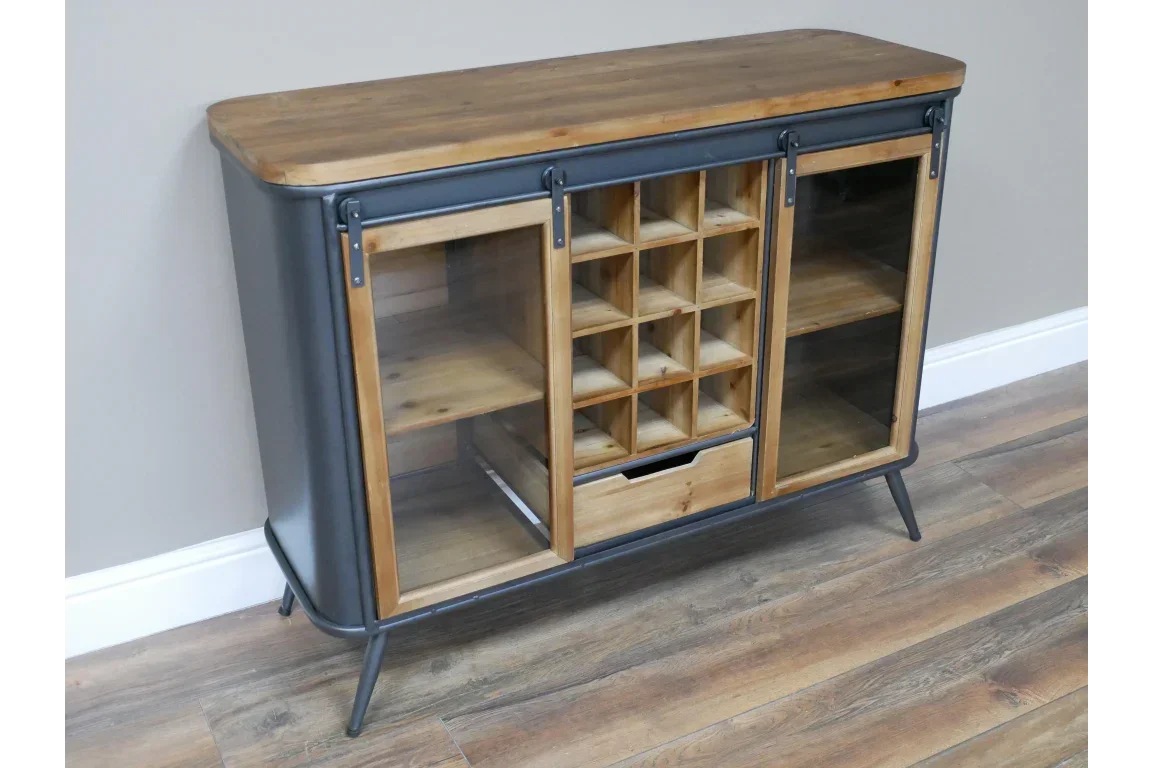Industrial sideboard with wine rack, wood shelves, glass doors, and metal frame