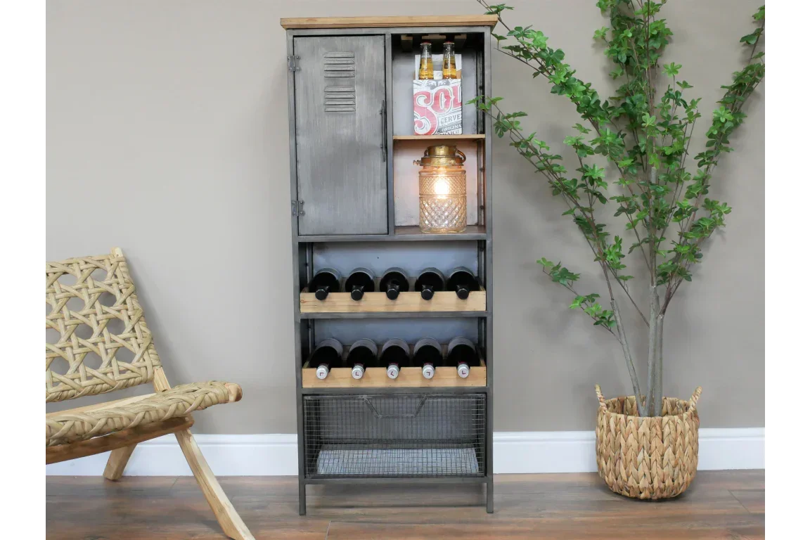 Industrial metal and wood wine rack cabinet with storage shelves and locker door