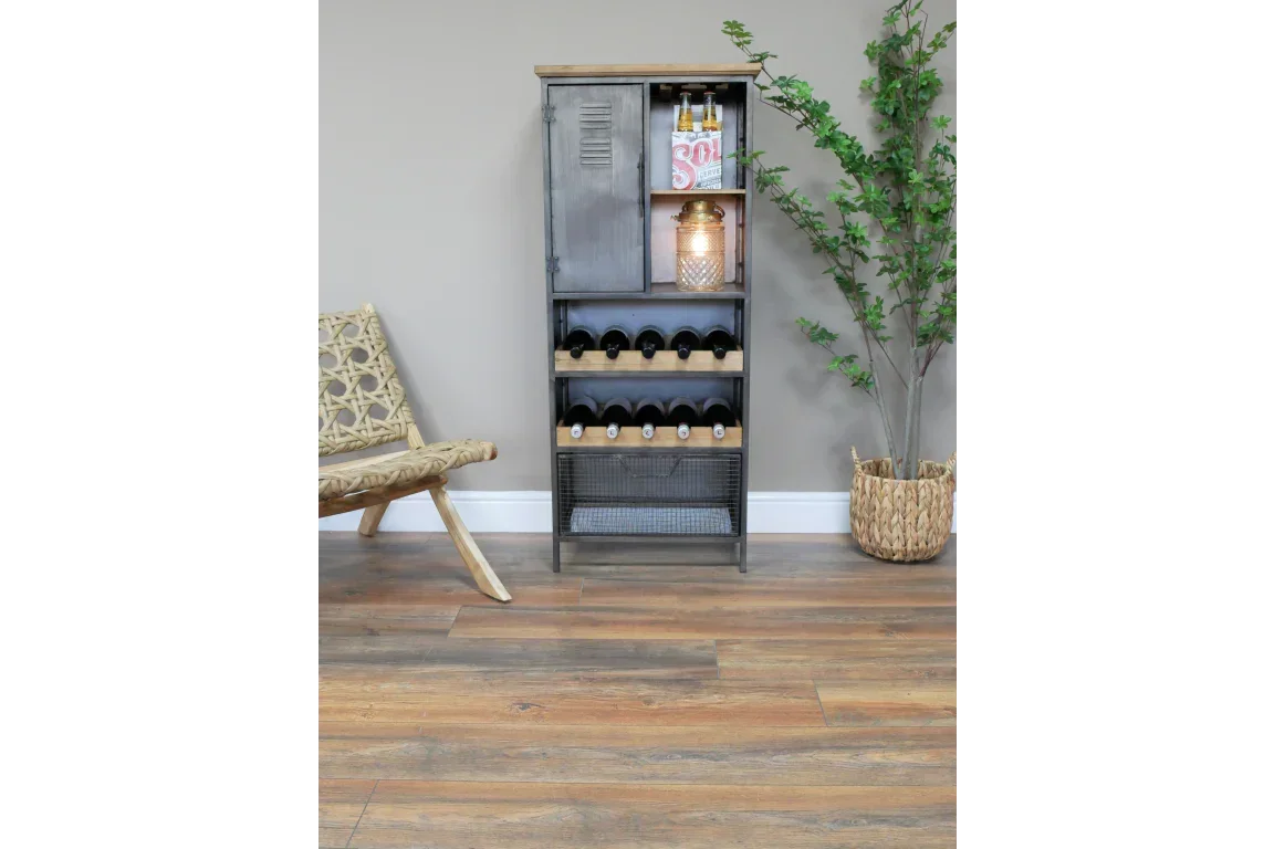 Industrial style metal and wood wine cabinet with shelves and storage in a modern living room