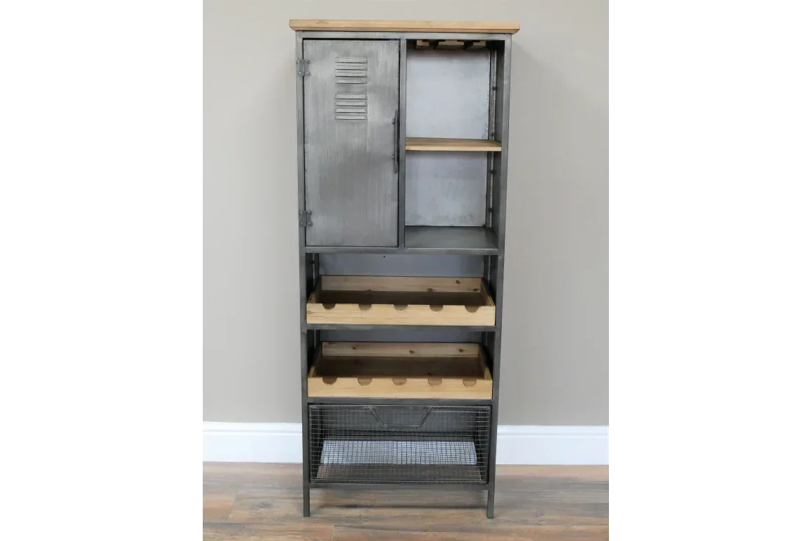 Industrial metal and wood wine rack cabinet with shelves and wire storage basket