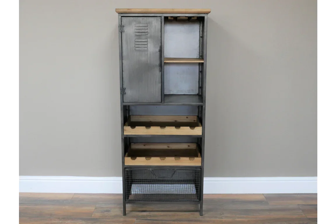 Industrial metal and wood wine rack cabinet with shelves and locker door