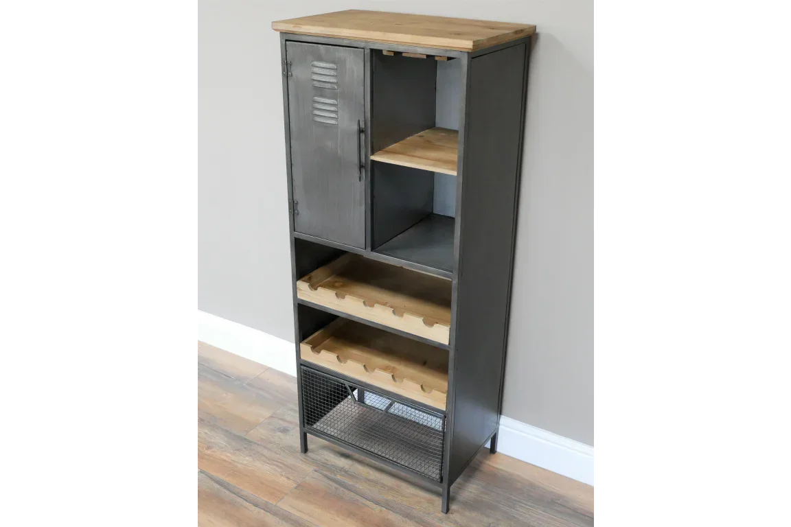 Industrial metal and wood wine cabinet with shelves and storage locker on top