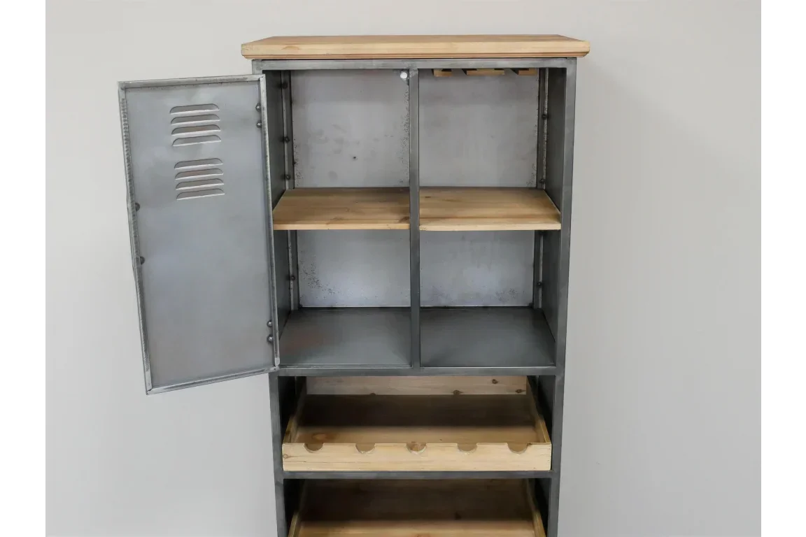 Industrial metal and wood storage cabinet with open locker door and adjustable shelves