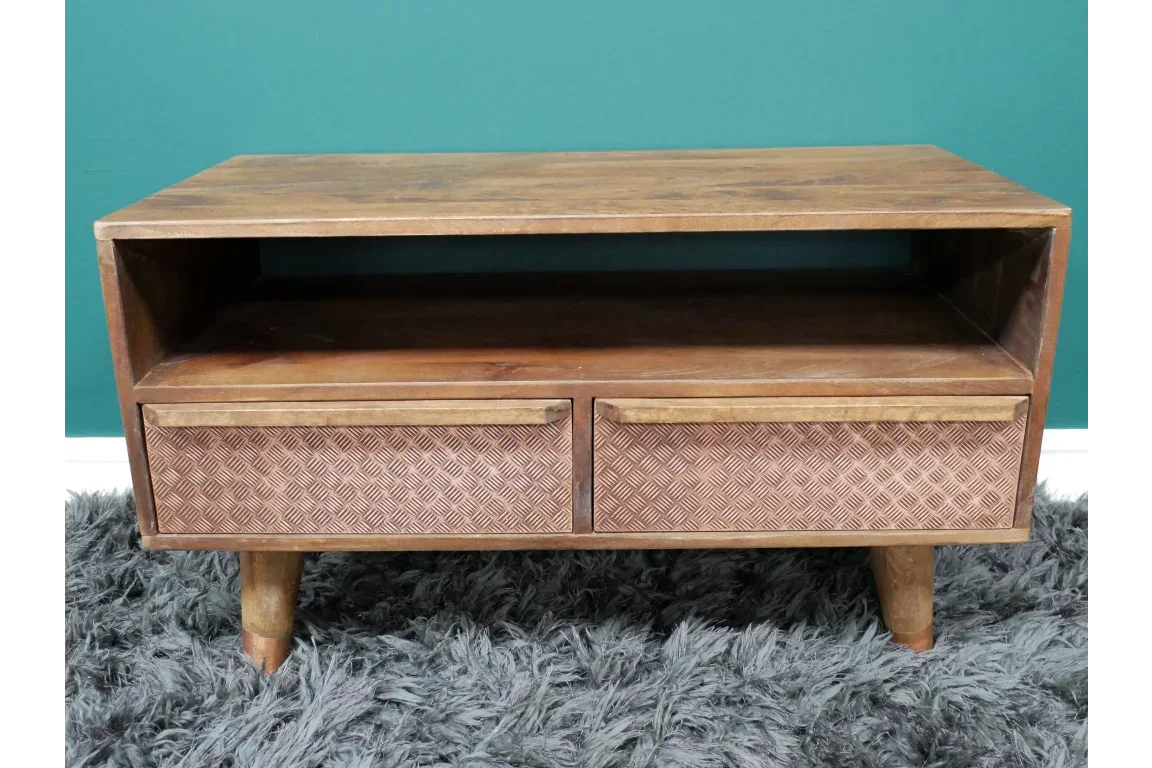 Wooden TV unit with two patterned drawers and open shelf, set on short legs