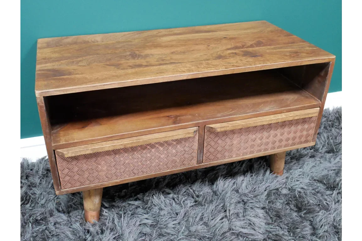 Wooden TV unit with open shelf and two patterned drawers on angled legs