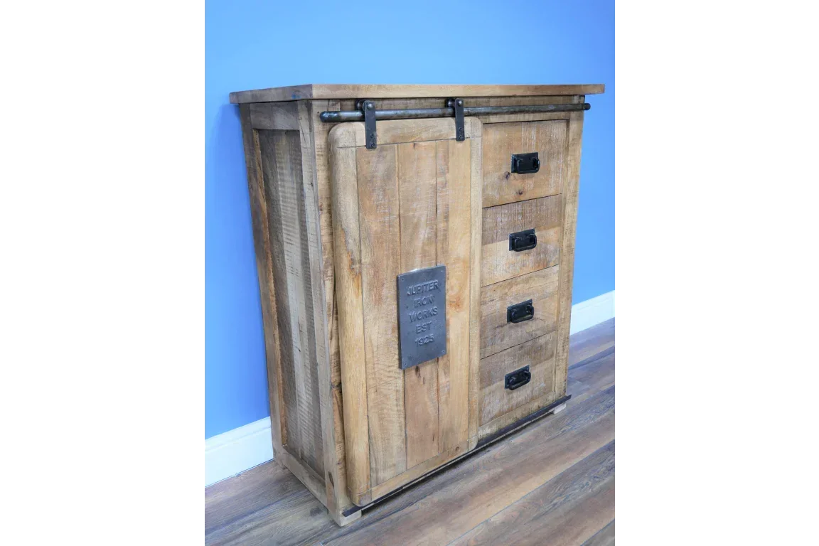 Rustic wooden storage cabinet with black metal handles and sliding barn door