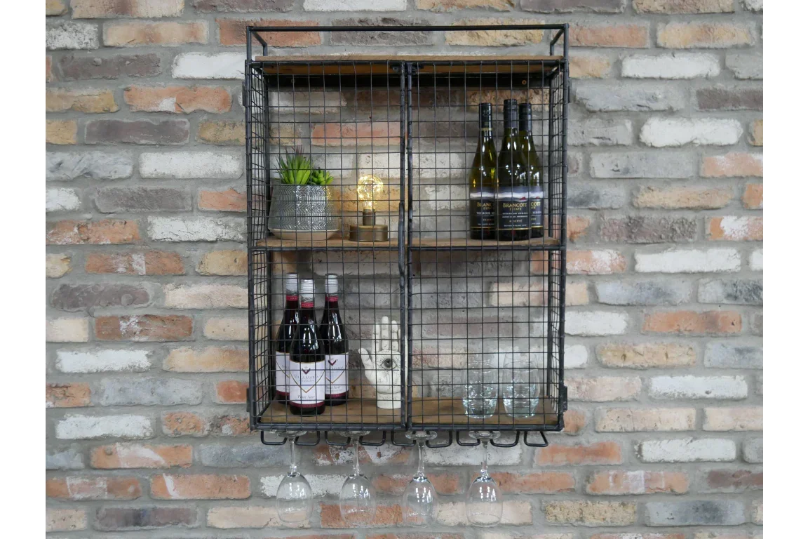 Industrial wire wall mounted wine rack with shelf, glass holder and wine bottles