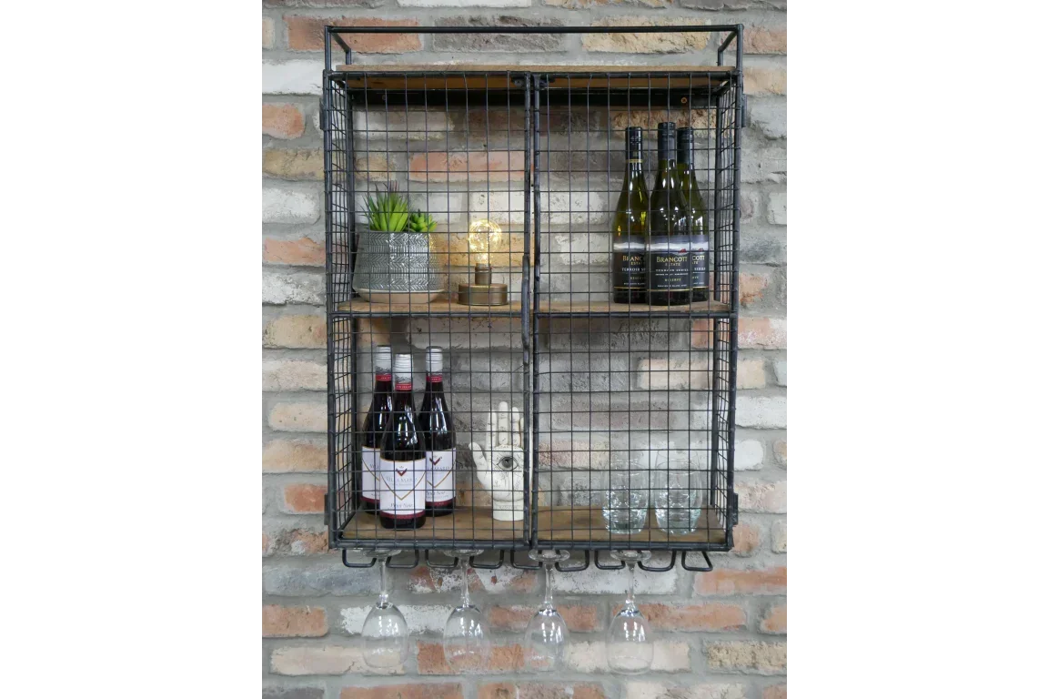 Wall mounted wire wine rack with wooden shelves, wine bottles, glasses and decor items