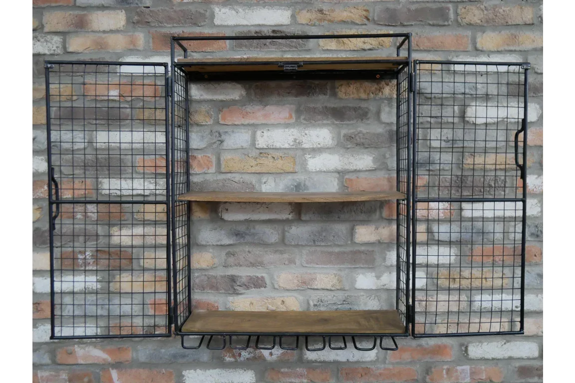 Industrial wall mounted shelving unit with wood shelves and black metal mesh doors