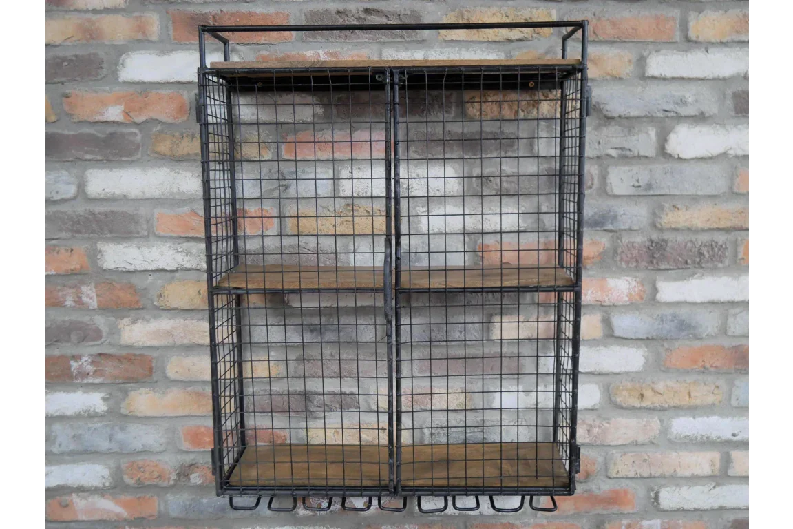 Black metal wire wall shelf with three wooden shelves and hooks against brick wall