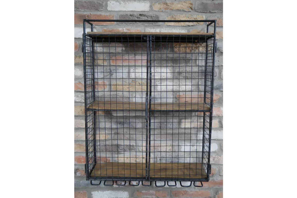 Industrial wall shelf with black metal frame, wire mesh sides and wooden shelves