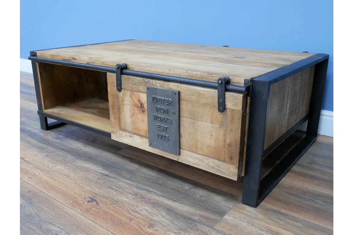 Industrial coffee table with sliding barn door, open shelf, metal frame, wood finish