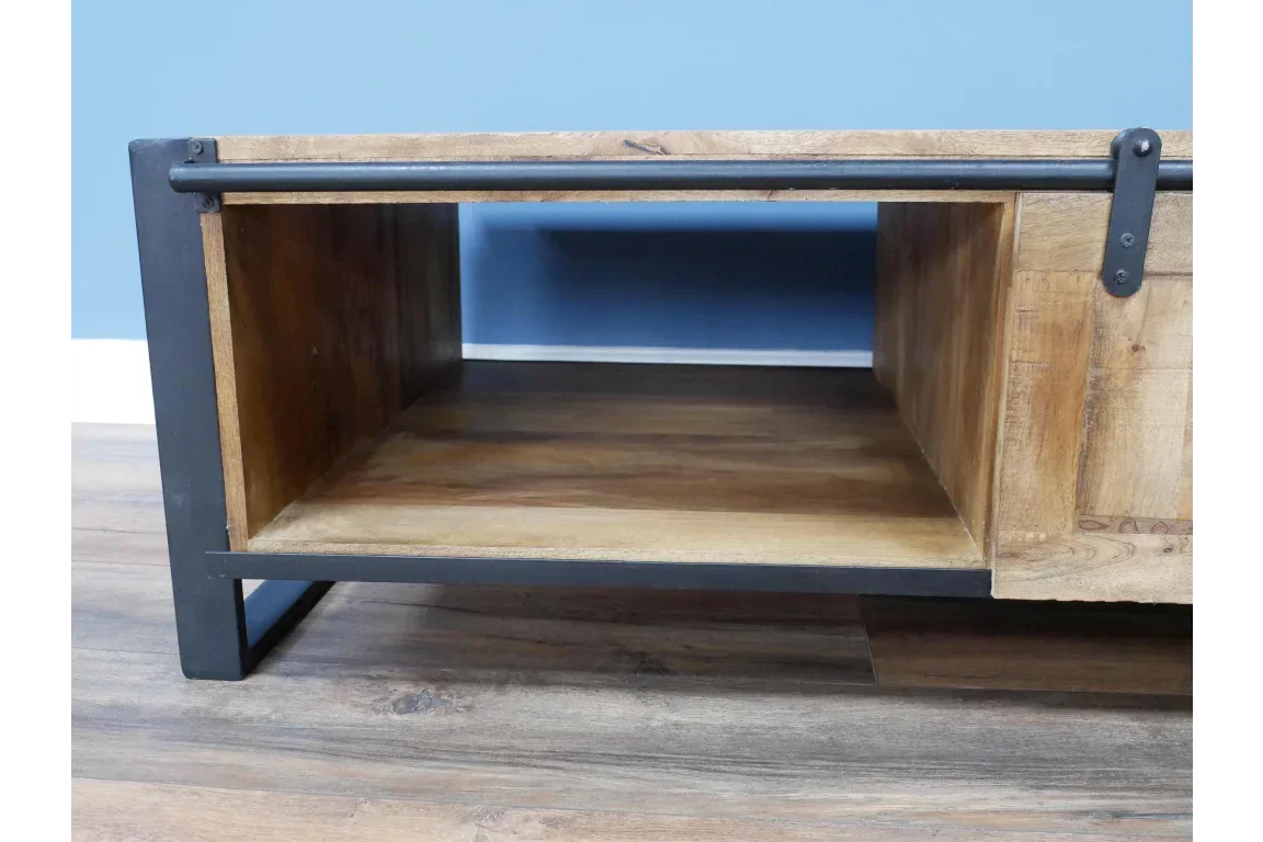 Industrial coffee table with open wooden storage shelf and black metal frame