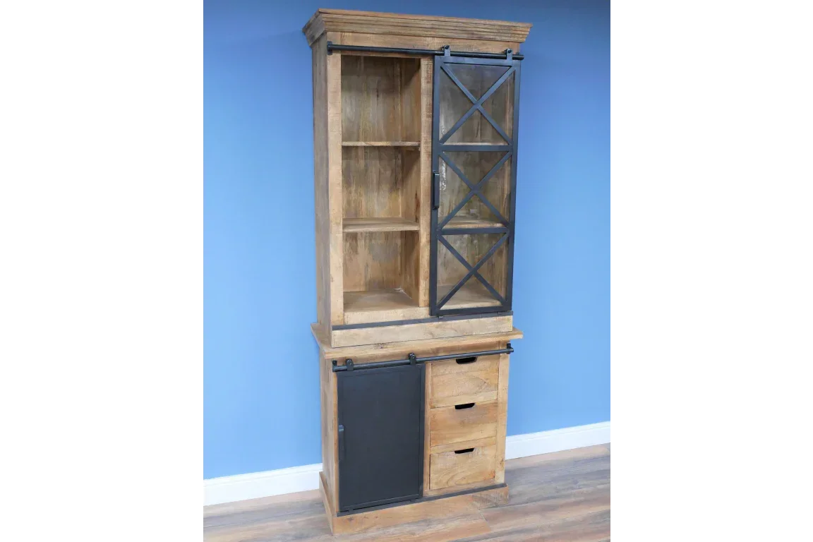 Industrial wood cabinet with metal sliding doors, glass pane, and storage drawers