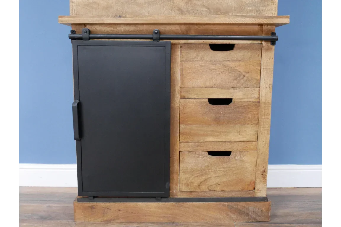 Mango wood storage cabinet with three drawers and black sliding barn door