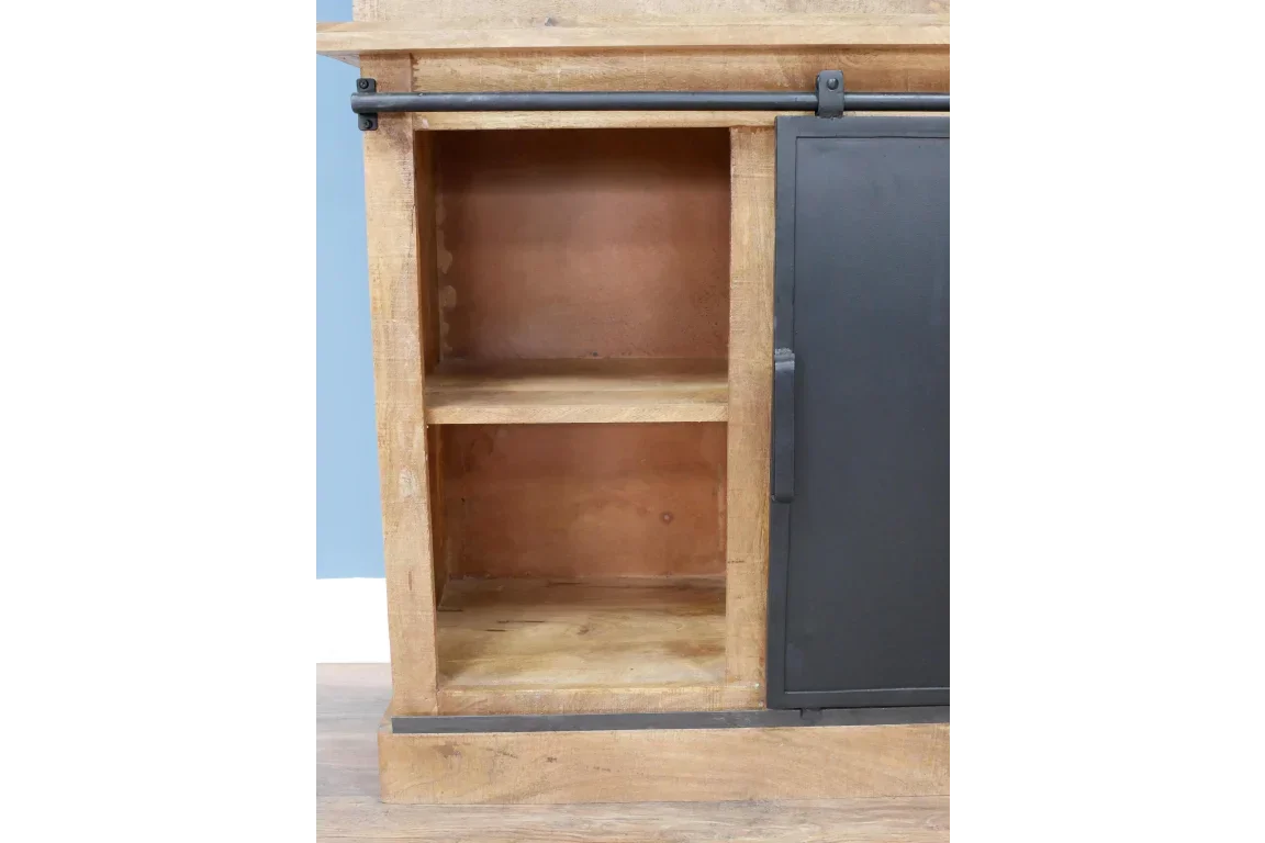 Wooden sideboard shelving with open compartment and black sliding door detail