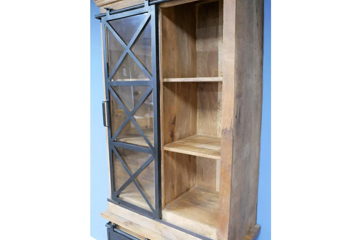 Wooden display cabinet with sliding glass door and metal frame, showing open shelving