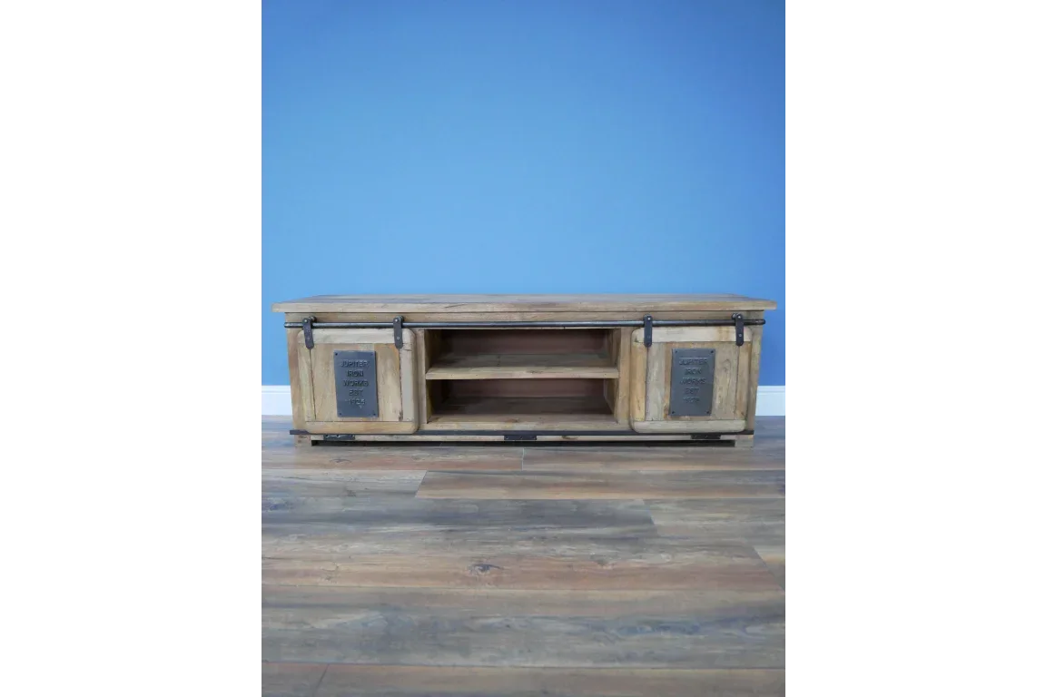 Industrial wooden TV unit with sliding metal doors and central open shelving on wood floor