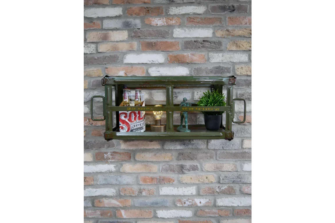 Industrial metal wall shelf with drinks, potted plant, and decor on exposed brick wall