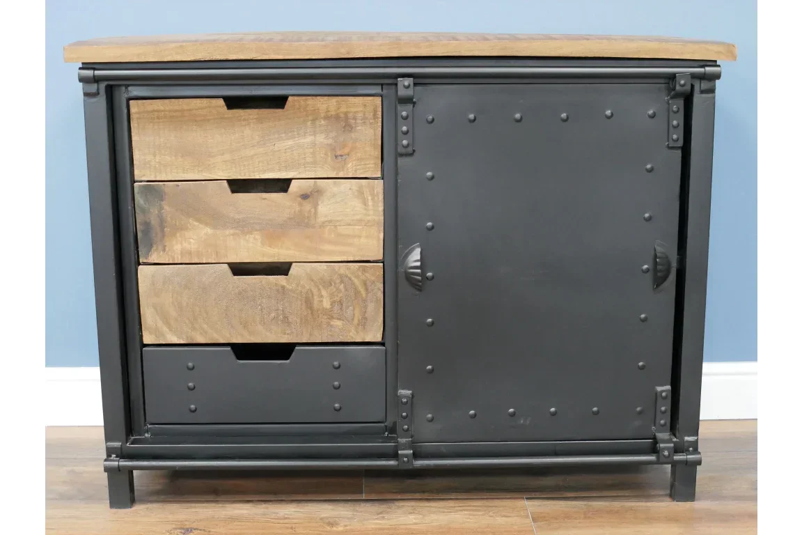 Industrial sideboard with natural wood drawers and black metal cabinet door