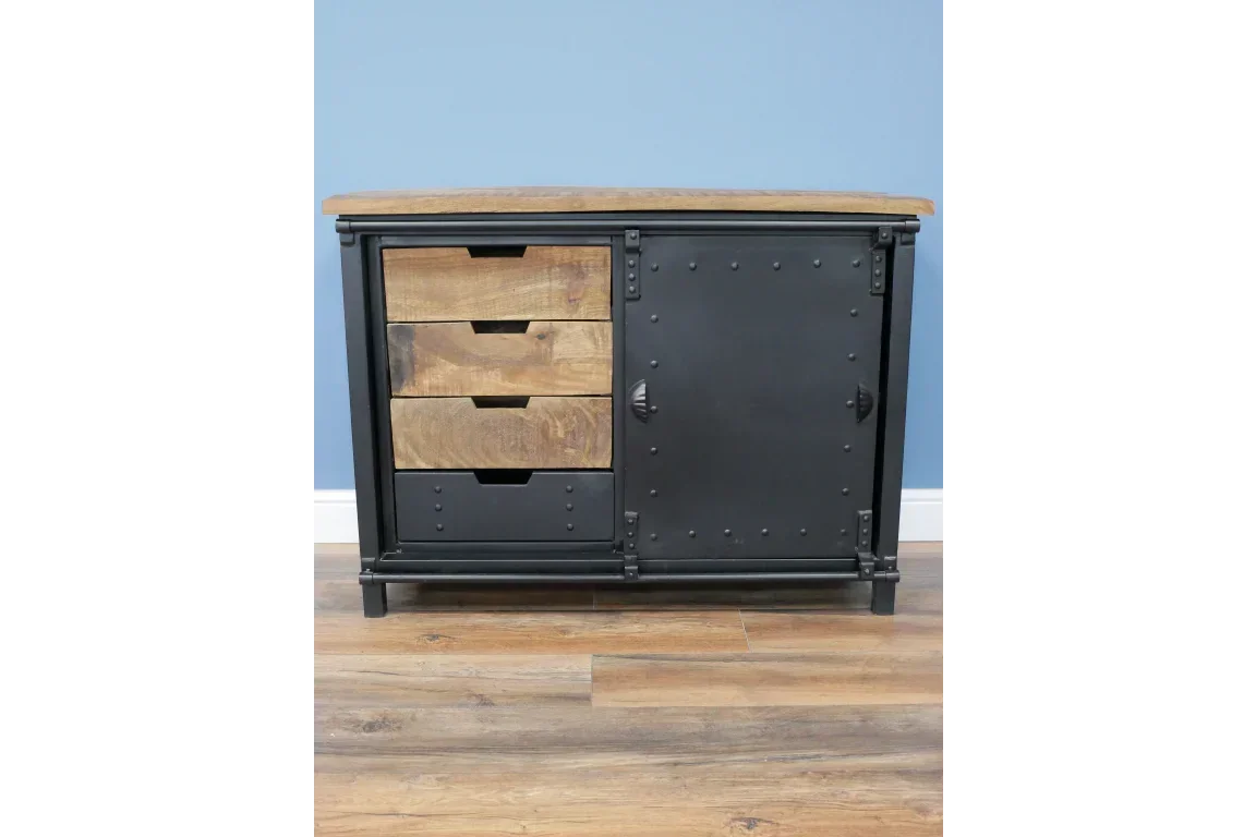 Industrial sideboard with black metal frame, three wood drawers, and single door cabinet