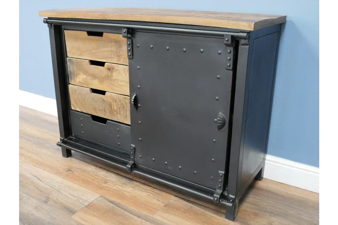 Industrial sideboard with natural wood drawers and black metal sliding door